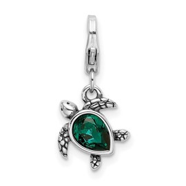 JewelryWeb 925 Sterling Silver Polished Fancy Lobster Closure Rhodium Platedgreen Crystal Turtle Charm Pendant Necklace for Women