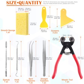 Rustark 8 Pieces Mosaic Tools Set Including 200mm Heavy Duty Glass Mosaic Cut Nippers, 2 Scrapers, 2 Tweezers, 1 Double-EndedHook, 1 Spatula, 1 Sponge