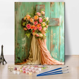 Religion Paint by Numbers Kits for Adults Jesus Cross Painting Artwork Christianity Pattern Vintage Rustic Wooden Cross Pictures Prints on Canvas DIY Turquoise Flowers Painting by Number