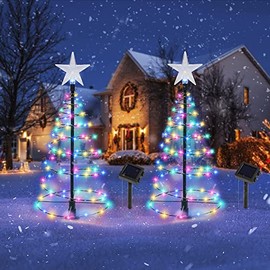 Dynaming 2 Pack Solar Spiral Christmas Trees with Lights, Outdoor Light Up Christmas Pathway Markers with Colorful Lights, Waterproof & Auto On/Off Xmas Decoration for Patio Yard Walkway Driveway