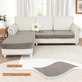 NAISI Waterproof Couch Cushion Covers Thick Velvet Fabric Washable Sofa Slipcovers Sectional Couch Covers for 3 Pieces Separate L Shape Couch Cover with Elastic Bottom(2 Seater + 1 Chaise,Light Taupe)