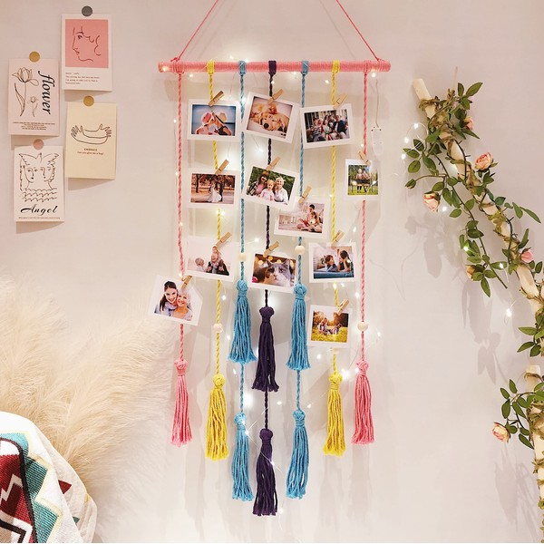 JOBOSI Hanging Photo Display Color Macrame Wall Hanging Pictures with Light, Mom Gifts, Grandma Gifts, Birthday Gifts, Friends Gifts, Girls Gifts, Room Decor, Home Decor, Wall Decor
