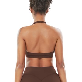 VOYJOY - Sujetadores deportivos para entrenamiento de impacto para mujer, soporte medio, bajo, halter, sin costuras, espalda abierta, acolchado, para gimnasio, yoga, Marrón intenso, L