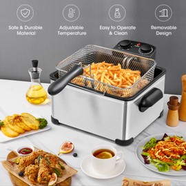 KOTEK Deep Fryer with 3 Baskets, 5.3QT/5L/21-Cup Oil Capacity, Stainless Steel Home Fryer with Adjustable Temperature, Timer, Lid w/View Window, 1700W Electric Fryer for Kitchen Restaurant (5.3QT)