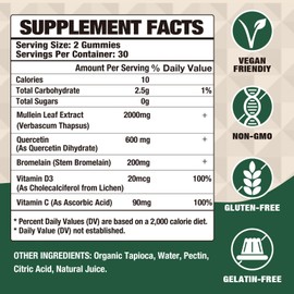 Sugar Free Mullein Gummies - 2000mg Mullein Leaf Extract with Bromelain, Quercetin - Support Lung Cleanse for Healthy Breathing, Digestive Support, Immune Booster - 60 Mango Flavored Gummies