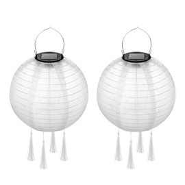 TOKIISHE Pack of 2 Outdoor Lanterns, Weatherproof, White, Solar LED Paper Lantern, Diameter 25 cm with 4 Tassels, Hanging Waterproof Nylon Garden Lantern