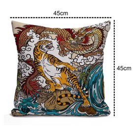 Tomda Chinese Dragon and Tiger in The Landscape with Waterfall Cotton Linen Cushion Cover Throw Pillow Case Home Office Decorative for Sofa Living Room Square 45x45cm 18x18 Inches