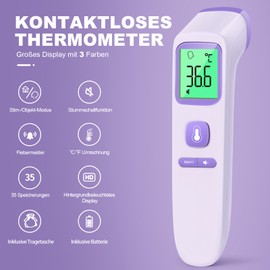Contactless Fever Thermometer, Forehead Thermometer with Instant Accurate Readings, Fever Alarm, LCD Display and 35 Memory Revocation, Digital Infrared Thermometer for Children and Adults, Purple