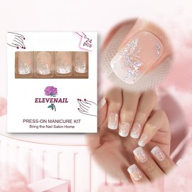 Medium Short Bling Butterfly Glitter Pink Nude White French False Nails Squoval Square Press on Nails Finger Wear Daily Nail Art Tips