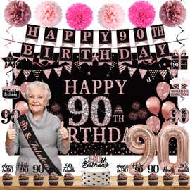 Trgowaul 90th Birthday Decorations for Women, 22pcs Rose Gold Happy Birthday Party Supplies, 90th Banner, Hanging Swirl Flag, Paper cupcake toppers, Birthday Balloons, 90 Year Old Birthday Set