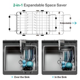 GSlife Small Sink Dish Drying Rack - Expandable Stainless Steel Compact Dish Drainer for RV, Camper, Kitchen, Dish Strainer with Locking Knob, Arms with Non Slip Rubber, 9" W x 11.9"-16.7", Silver