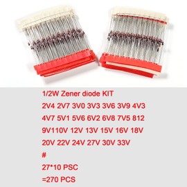 AEDIKO 27 Value 270pcs 1/2W Zener Diodes Assortment Kit 2.4V 2.7V 3.0V 3.3V 3.6V 3.9V 4.3V 4.7V 5.1V 5.6V 6.2V 6.8V 7.5V 8.2V 9.1V 10V 12V 13V 15V 16V 18V 20V 22V 24V 27V 30V 33V