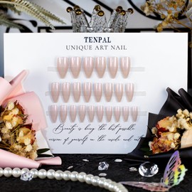 TENAPL Nude Chrome Press on Nails Almond Glossy False Nails Gel Glue on Nails 24pcs/Box Acrylic Pink Aurora Fake Nails Chrome Full Cover Summer Nails For Women Girls