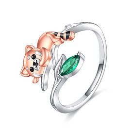 POPLYKE Red Panda Ring Sterling Silver Animal Adjustable Open Rings Red Panda Ring Panda Jewelry for Women Size 7