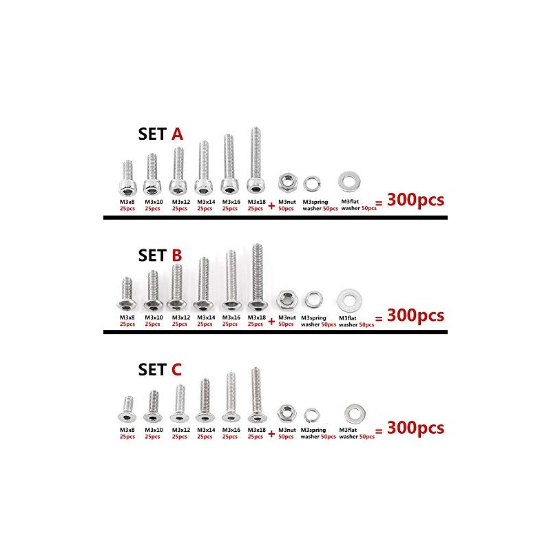 Tornillos de cabeza hexagonal M3 304 acero inoxidable 300 piezas