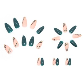 Green Press on Nails Medium Fake Nails Almond Shape Press On Nails,RUPOFUZA Acrylic False Nails with Green Leaf Designs Nails Press ons Artificial Nails Stick on Nails for Women 24Pcs