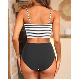 Tempt Me Women Striped and Black Bandeau Bikini Set Strapless High Waisted Two Piece Swimsuit Longline Bathing Suits L