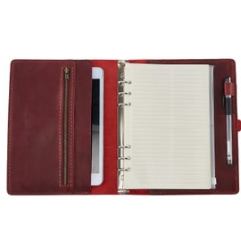 Personal Organizer, Notebook Cover, Leather, A5, 6 Holes, 2025 Ring Binder Notebook, Hand Sewn, Leather Cover, Ring Notebook, Loose-leaf Type, Notepad, PVC Pocket, Pen Holder, Graduation Gift (Red)