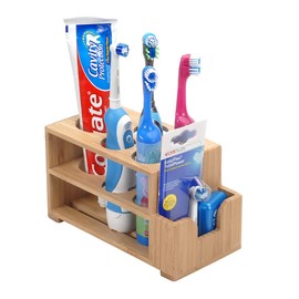 MobileVision 5 Slot Toothbrush & Toothpaste Holder with Wider Slots for Electric Toothbrushes Plus Floss Holder for Bathroom Vanity Storage Bamboo
