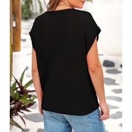 PRETTYGARDEN Womens Summer Tops 2025 Spring Sweater Pullover Crochet Hollw Out Cap Sleeve Crew Neck Knit Beach Cover Ups(Black,Large)