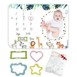 Trongle Baby Monthly Milestone Blanket, Premium Fleece Ultra Soft Baby Milestone Mat for Newborn Boy Girl, Baby Age Blanket with 4 Photograph Décor, Unisex Shower Gifts Wrap Set for Xmas (120x100cm)