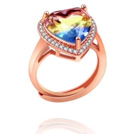 Uloveido Elegant Large Heart Shape Crystal Ring for Women Girlfriend, Rose Gold Plated Heart Cubic Zirconia Adjustable Size Ring for Mother Grandmother Wife Birthday Gift Y3656