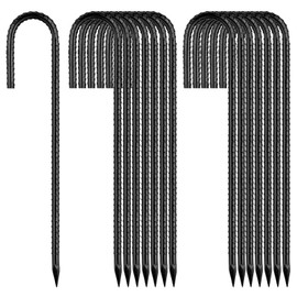 Ground-Stakes-Heavy-Duty-12 inch, J-Hook Rebar Stakes Black Coated Anti-Rust 16pcs Garden Stakes Metal Ground Anchors for Garden Dog Fence Chicken Coop Christmas Decorations Deer Fence