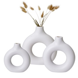 Set of 3 White Composite Plastic Vase 5.7" 7.9" 9" Aesthetic Boho Modern Small Round Cute Vases for Modern Minimalist Bohemian Decor Living Room, Dining Table, Office Bedroom Shelf Decor