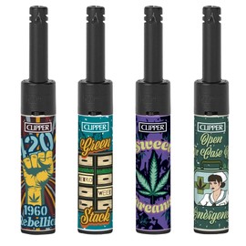 Clipper Mini Tube Lighters, RETRO WEEDS Design, Refillable, Set of 4