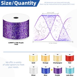 Glarks 1 Roll 6.3cm x 9.15m Purple Swirl Glitter Wired Ribbon, Organza with Glitter Swirls Wired Ribbon, Organza Sheer Swirl Ribbon with Metallic Edge for Christmas Tree Decoration Gift Wrapping