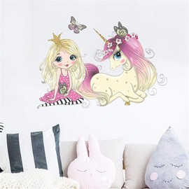 ROFARSO Colorful Cute Lovely Little Princess With Unicorn Butterfly Wall Stickers for Kids Peel and Stick Removable Wall Decals DIY Decorations Decor for Nursery Baby Girl Bedroom Playroom Living Room