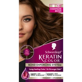 Schwarzkopf Keratin Color Permanent Hair Color, 6.64 Champagne Brown, 1 Application - Salon Inspired Permanent Hair Dye, for up to 80% Less Breakage vs Untreated Hair and up to 100% Gray Coverage