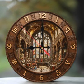 Vintage Church Stained Glass Wall Clock Decorative Home Decor 10-Inch Wooden Wall Clock, Silent Movement, Battery Operated (AA Batteries Not Included), Artistic Home Decor, Perfect for Home Accents