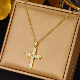 14K Gold Plated Cubic Zirconia Cross Necklace Faith Religious Pendants Jewelry Stainless Steel Golden Cross for Women (Gold - Zircon)