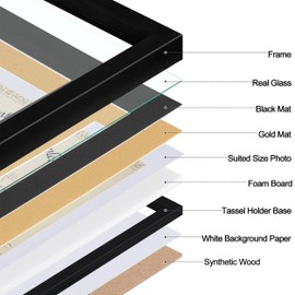 eletecpro 12x16 Diploma Frame with Tassel Holder for 8.5x11 Document or Certificate, Degree Frame for Graduations with 2 Mats Black & Gold, Real Glass