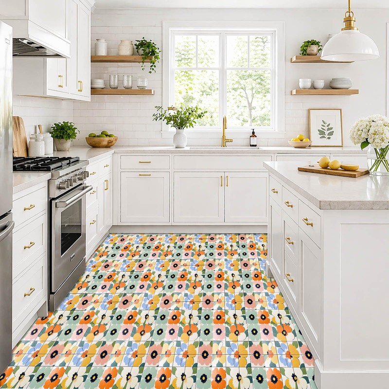 IVN Pastel Abstract Flowers Peel and Stick Floor Tiles 12x12