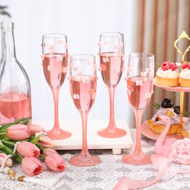 Funnymoom 4 Pcs Coquette Bow Champagne Flute Glasses Set, Pink Bow Flute Glasses for Champagne Sparkling Wine, Pink Long Stem Girly Glassware Gift for Bachelorette Bridal Shower Wedding Birthday Party