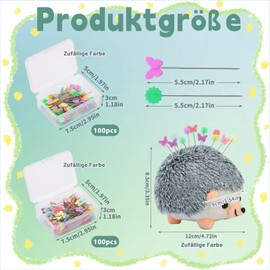 Pack of 200 Quilting Pins with Flower Head, Multicoloured Pins with Pin Cushion, Hedgehog Shape Pin Holder, Pins with Head, Long Decorative Sewing Needles for DIY Sewing Crafts