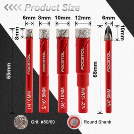 FOCSTOL Diamant Fliesenbohrer - 6/8/10/12mm Diamant Bohrkrone und 6mm Hartmetallbohrer mit Rundschaft für Keramik Porzellan Fliesen Marmor Granit Quarz Packung mit 5