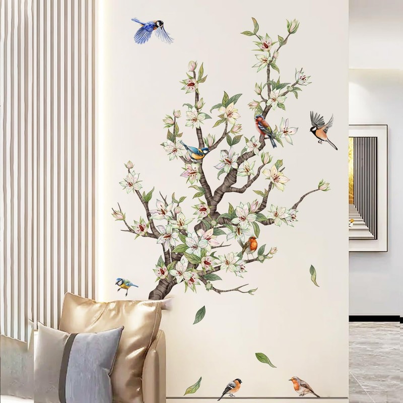 Wall Sticker White Blossom Flower Wall Sticker Birds on Tree