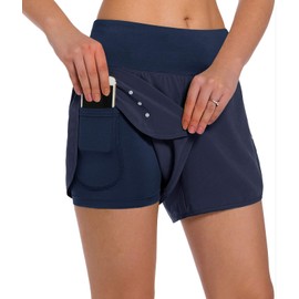 Ksmien Pantalones cortos 2 en 1 para mujer, ligeros, deportivos, para entrenamiento, gimnasio, yoga, forro con bolsillos para teléfono, Azul marino, XXL