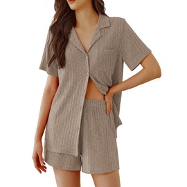 Ekouaer Pajamas 2 Piece Lounge Sets Ribbed Knit Sleepwear Button Down Loungewear Shorts pjs Summer Outfit,Kahki,L