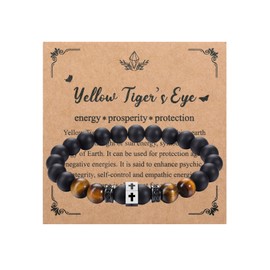 Zysta Gemstone Bracelet with Cross 8 mm Pearl Bracelet Tiger's Eye Black Agate Stretch Real Stones Bracelet for Men Women, Stone