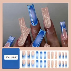 Blue French Tip Press on Nails Long Square Fake Nails with Designs 24 Pcs Natural Reusable 3D Acrylic Nail Full Cover Gradient Stick on Nail for Women Fashion Party WYFHDT