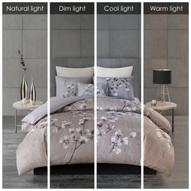 N Natori Sakura Cotton Comforter Reversible Solid Cherry-Blossom Flower Floral Print Embroidered Pillow Soft Down Alternative All Season Bedding-Set, King/Cal King(110"x96"), Lilac