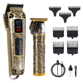 Golden Hair Cutting Four-Piece Set - Men'S Grooming Kit, Barber'S Haircutting Set, Includes Hair Clipper W/LCD, Precision Trimmer, Nose & Beard Trimmers, 7 Combs, Cleaning Brush & USB Cable, Ideal For Barber/Home Use, The Perfect Valentine'S Day Gift