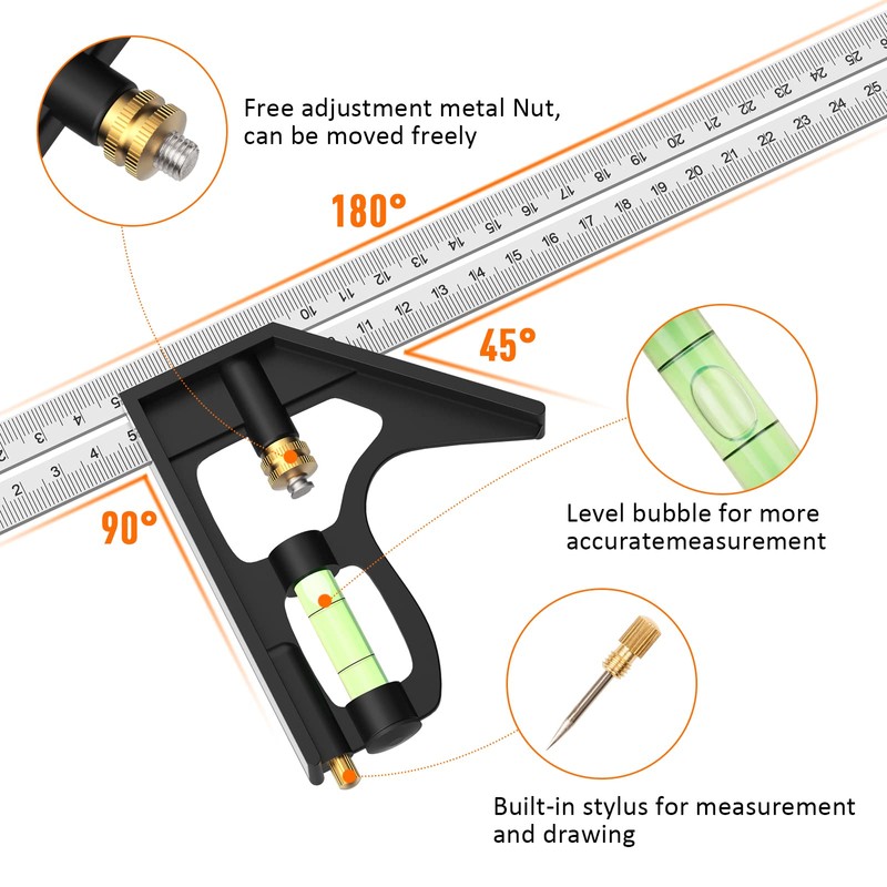 Combination Square, 12'/300mm Stainless Steel Combo Square Carpentry Tools, 45/90