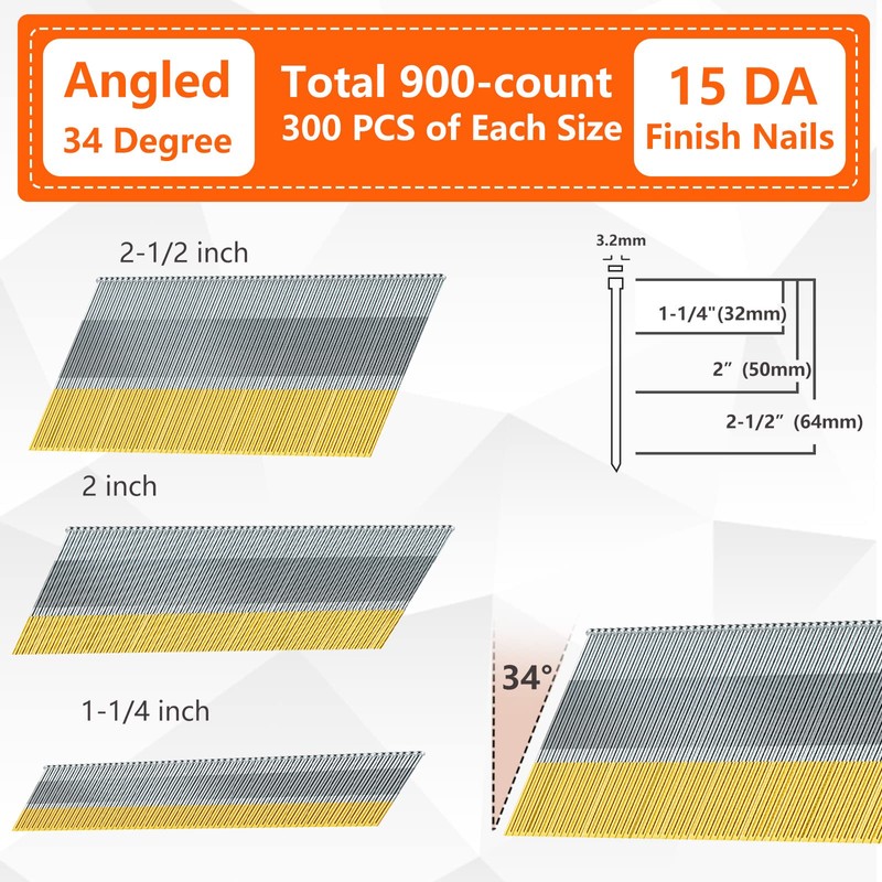 SITLDY 15 Gauge DA Angled Finish Nails, 34-Degree, 900-Pack (2-1/2",