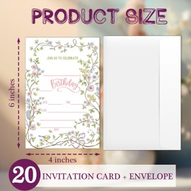 RPLCSPC Floral Birthday Invitations for Women Girls Boys Kids, 20 Pack Birthday Invitation Cards with Envelopes, Party Supply Decorations for Baby Shower Birthday Party, 4" x 6"-A03