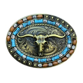 Seternaly Bull Skull Belt Buckle Horse Hat Native American Belt Buckle Turquoise Wooden Beads Decorated Belt Buckles for Men Women, Native-004, 3.94*2.91 in
